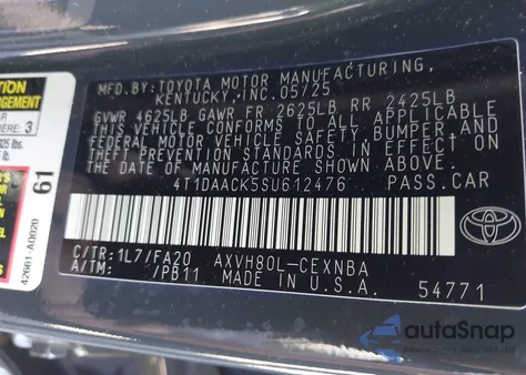 2025 Toyota Camry Le from USA, damaged, VIN 4T1DAACK5SU612476